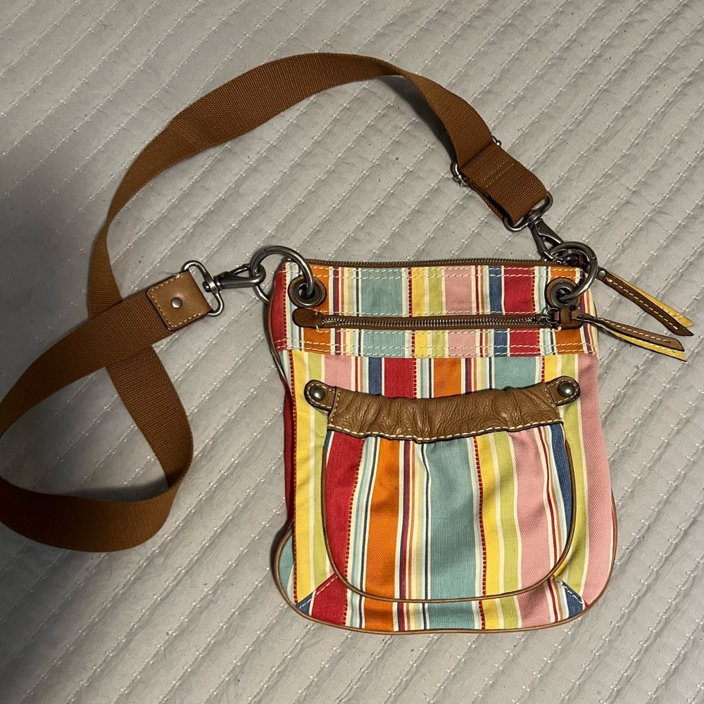 Fossil Multicolor Striped Crossbody Bag with Brown Strap